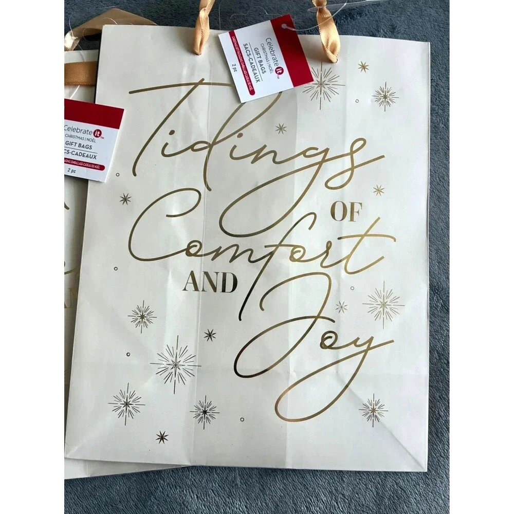 Set of 8 Christmas Gift Bags Gold White Holiday Present Bags 9.5”